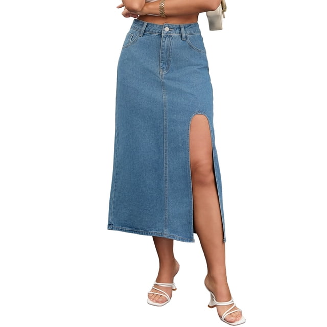 Falda de mezclilla de mujer INSPIRE CHIC, cintura alta, corte en A, abertura hasta el muslo, longitud midi, XL, azul
