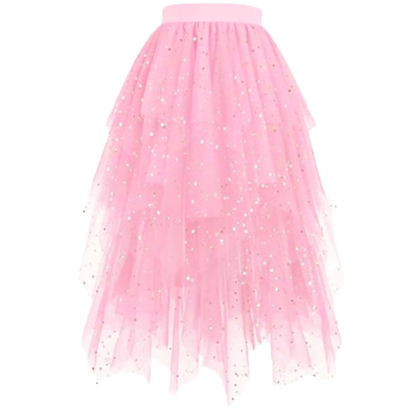 Blmnix Asymmetrical Women Skirt Tulle Skirt Sequin Skirt Skirt Pink Long Skirt Glitter Skirts for Women,M
