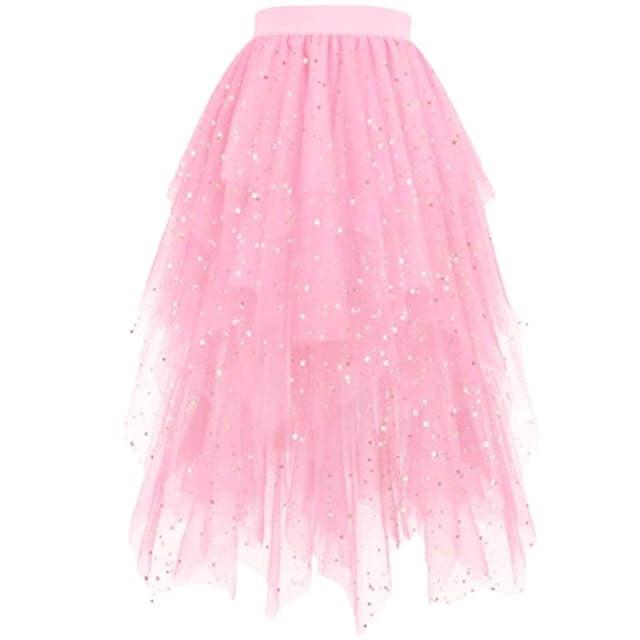 TaTaai Women's High Low Tiered Tulle Skirt Star Print Mesh Sequin Asymmetrical Hem Spring Summer Maxi for Party Beach Vacation Daily Wear Gift