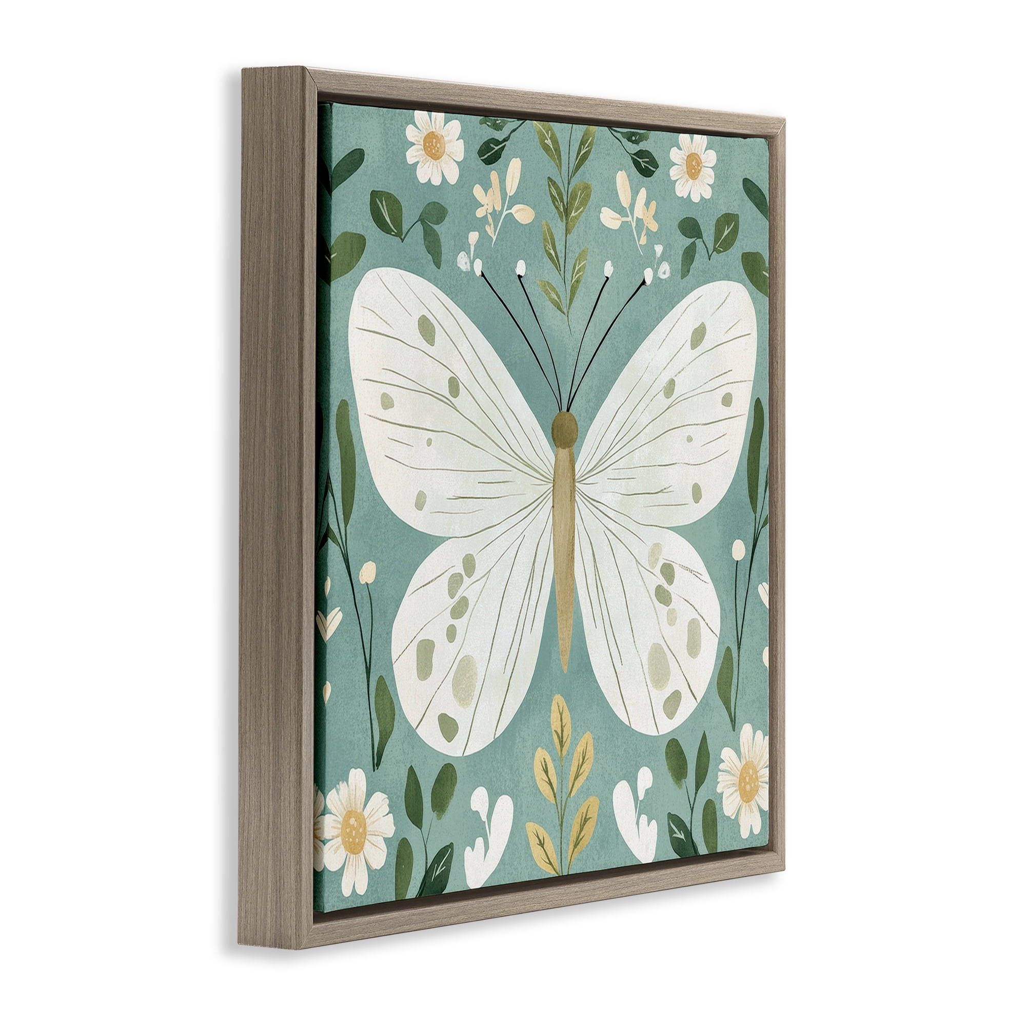 Stupell Industries Teal Butterfly Garden with Daisies Brown Framed Floater Canvas Wall Art, design by Petal Prints Design