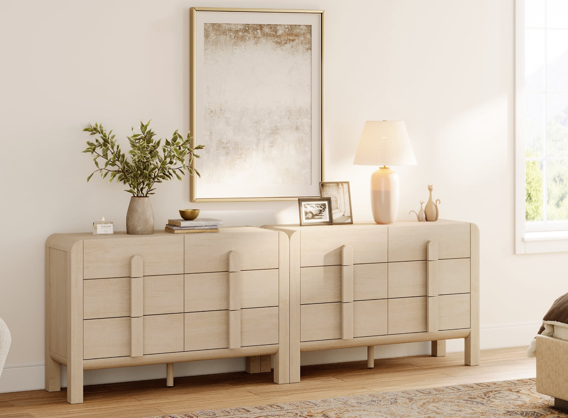 Mid Century 6 Drawer Dresser Set of 2, 47.2" Modern Chest of Drawers with Storage, Curved Profile Wood Double Dresser for Bedroom, Living Room, Hallway