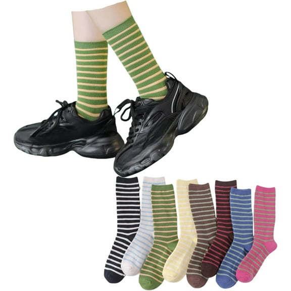 Striped Socks High Ankle Women Cotton 8 Pairs Double-Needle Retro Style Cute Casual Crew Socks