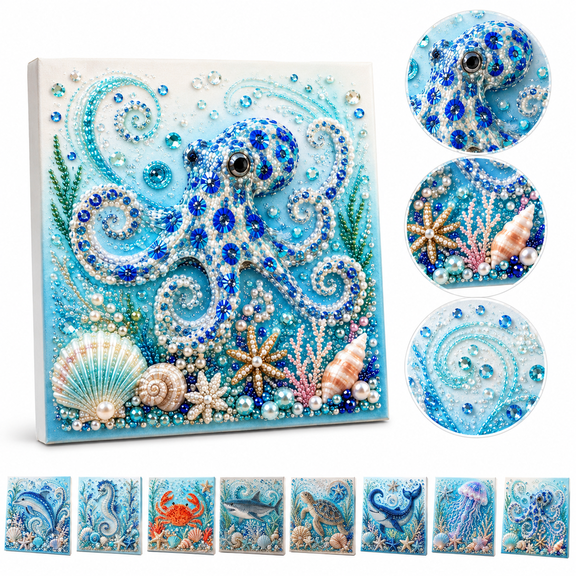 DIY Ocean Pearl Painting Kit, 20 x 20 cm Octopus Diamond Art for Adults and Beginners, Framed Pearl Bead Craft for Coastal Wall Desk Shelf Decor