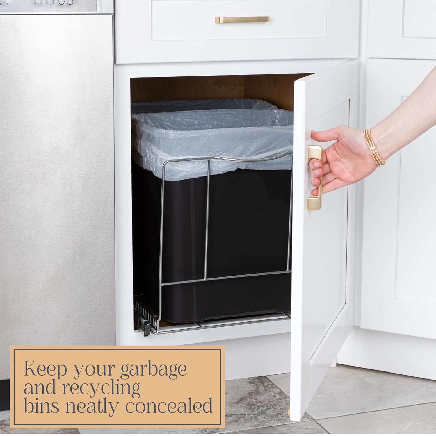 HOLDN’ STORAGE Pull Out Trash Can Rack for Kitchen Cabinet, Double 7 Gallon / 28 Qt Garbage and Recycling Bin Organizer Heavy Duty Chrome Sliding Frame
