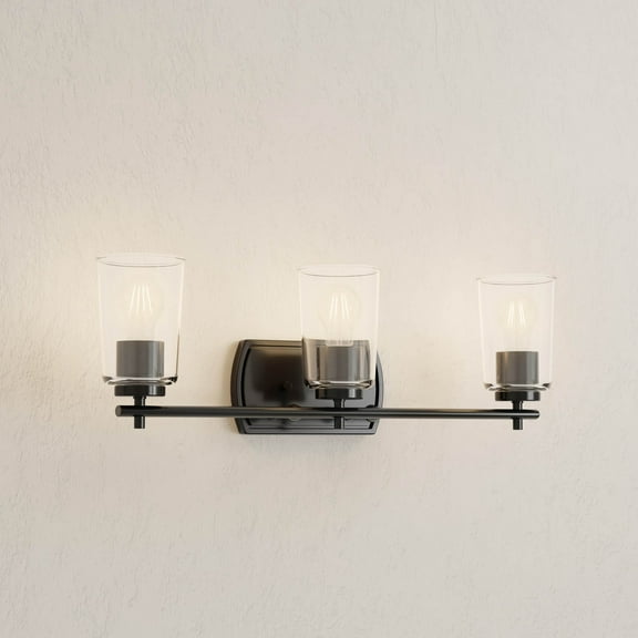 Adley Collection Three-Light Matte Black Clear Glass New Traditional Bath Vanity Light