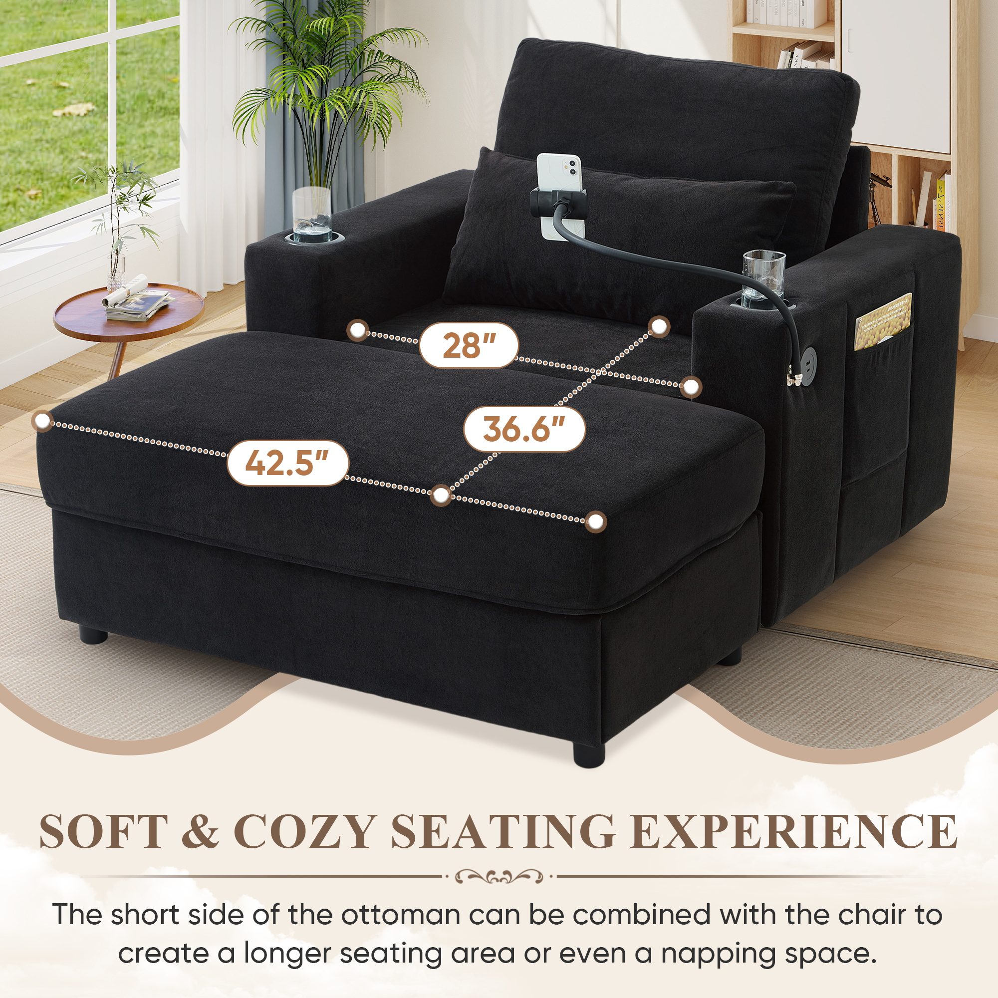 Lunale Accent Chair with Ottoman, Indoor Lounge Chair with USB & Storage, Modern Upholstered Sofa Armchair for Living Room, Bedroom, Apt., Black Chenille