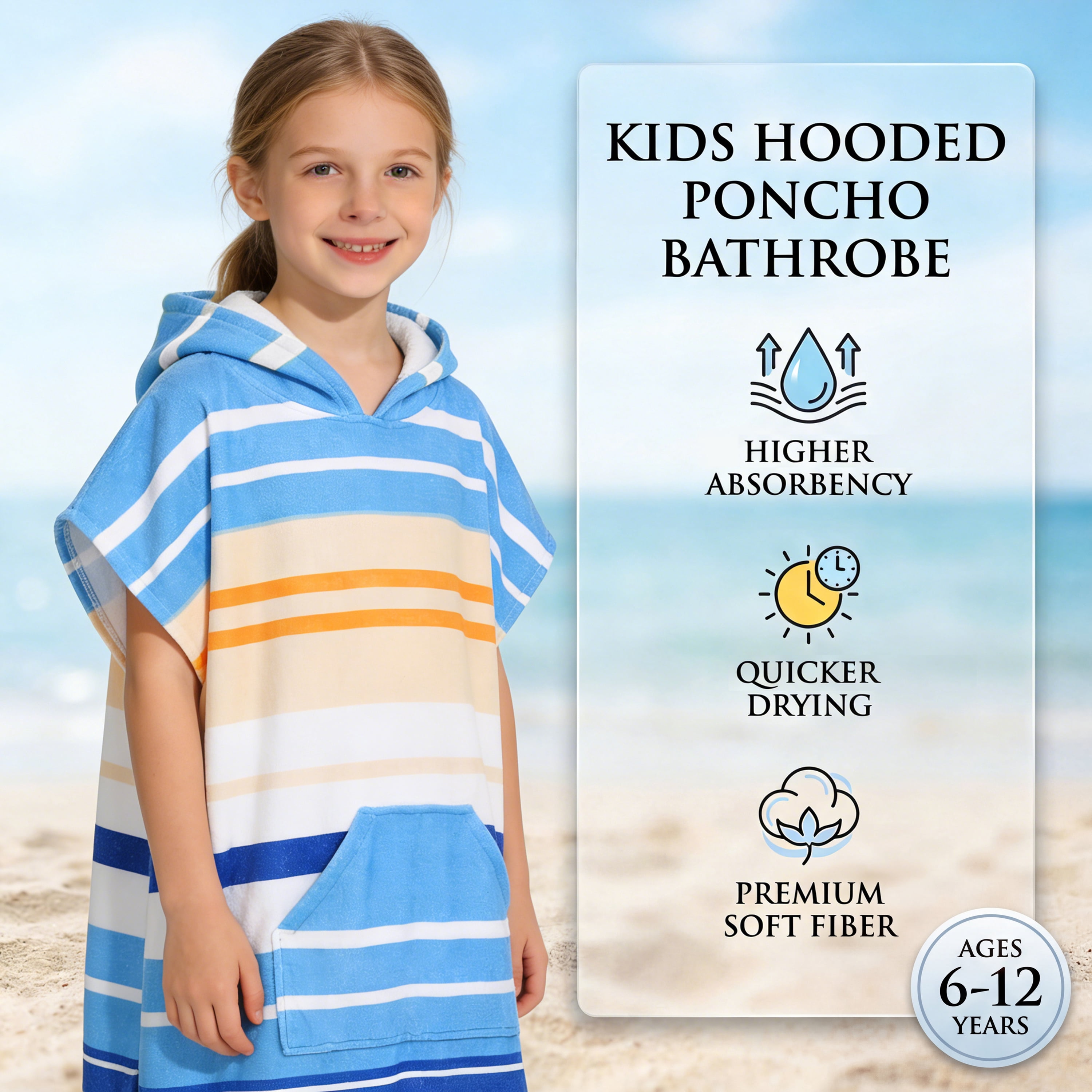 Catalonia Kids Hooded Poncho Towel, 100% Cotton Absorbent Changing Robe for the Beach, Pool, and Bath, Cute Gifts for Childrens (Boys and Girls), Blue Stripe
