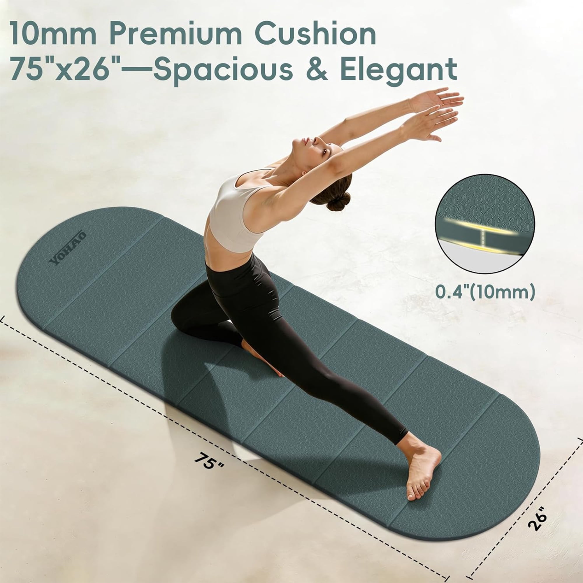 YOHAO Yoga Mat Thick,10mm Foldable Exercise Mats For Home and Travel,Rounded Folds,Quick Unfold Or Storage,Flat Lay No Curl Design(Green+Black)