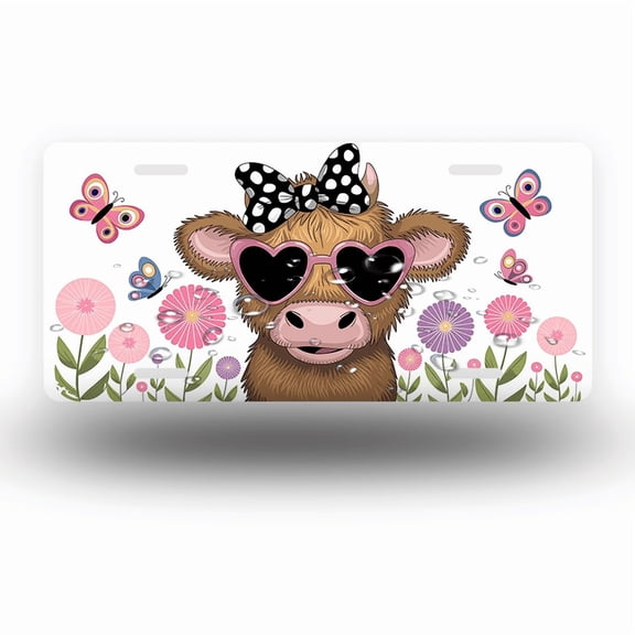 License Plate,Cute Highland Cow with Accessories Decorative Front,Personalized Stainless Steel License Plate Cover For Men Women,12.2" X 6.2"