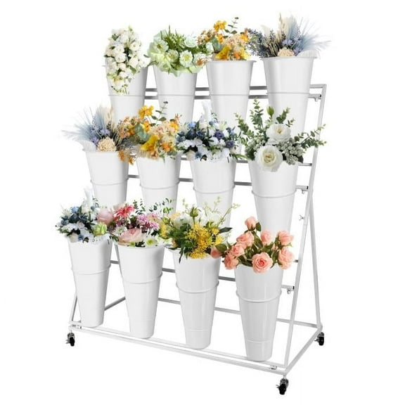 Linxin 3-Tier Flower Stand, Movable Flower Rack with 12 Flower Bucket, Flower Pot Holder,  Metal Plant Display Stand with 4 Wheels for Home Yard, Indoor, Garden, Wedding