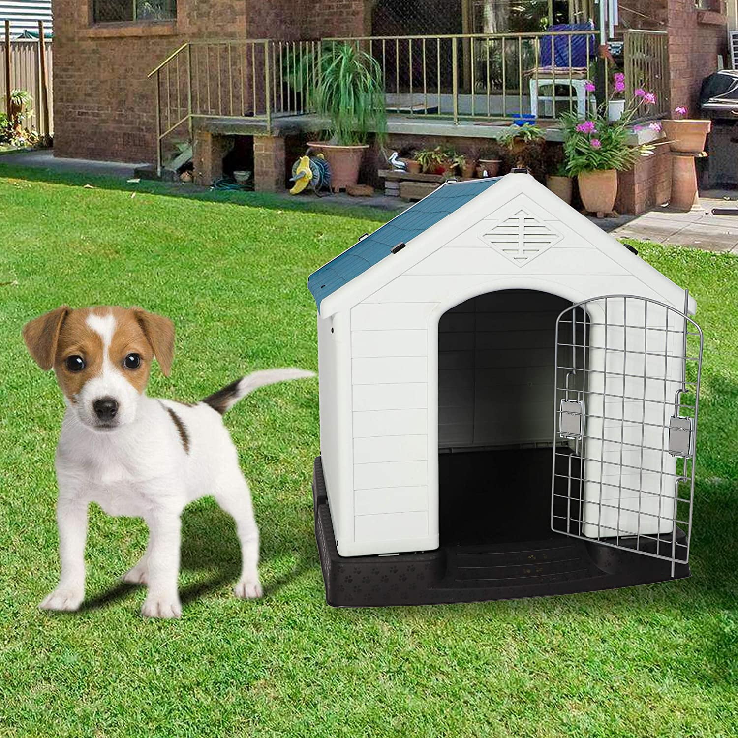 Plastic Outdoor Dog House with Door Weatherproof Puppy Kennel Resistant