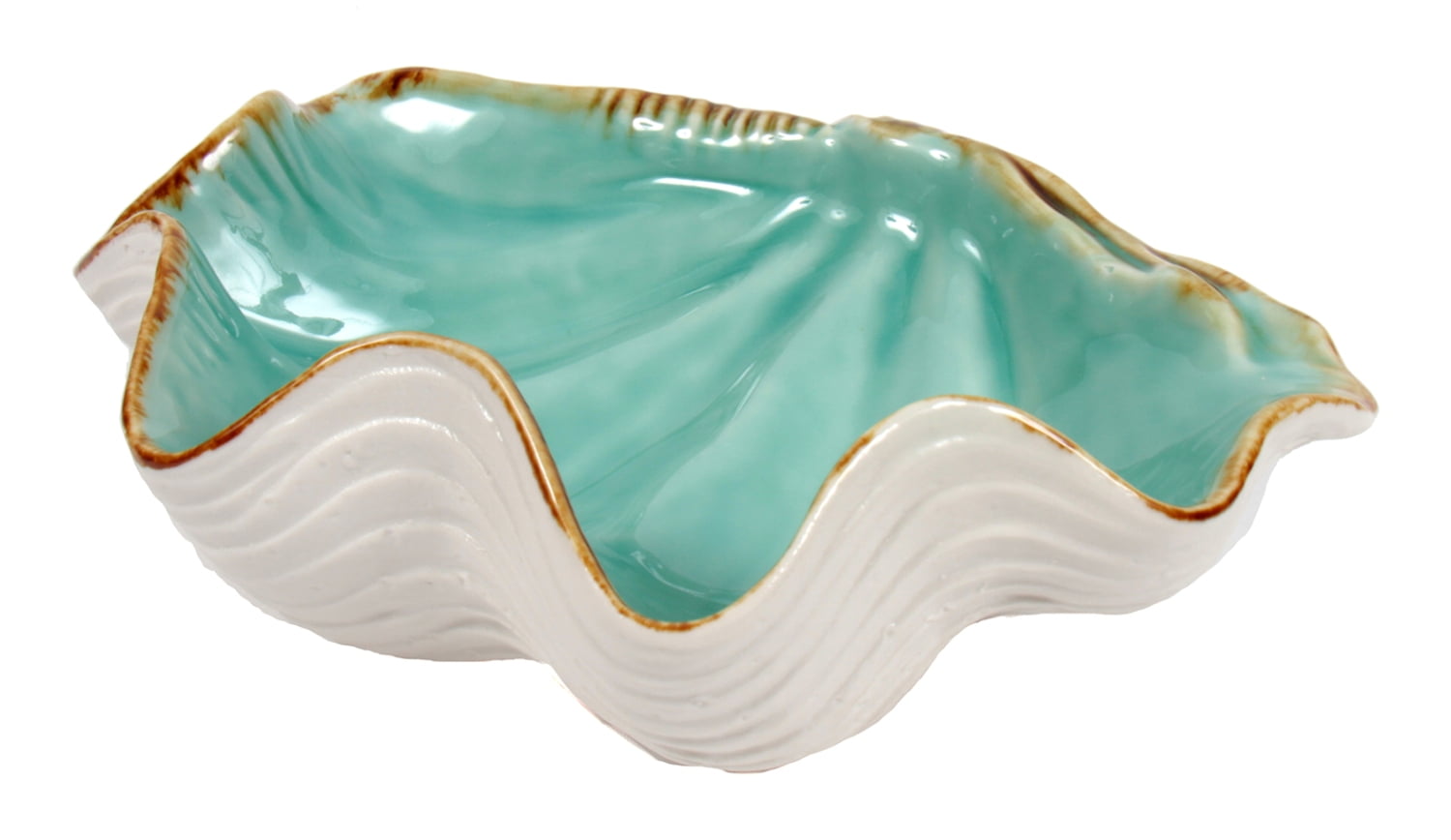 Scallop Shell Shaped Serving Bowl Teal and White Ceramic 10 Inches