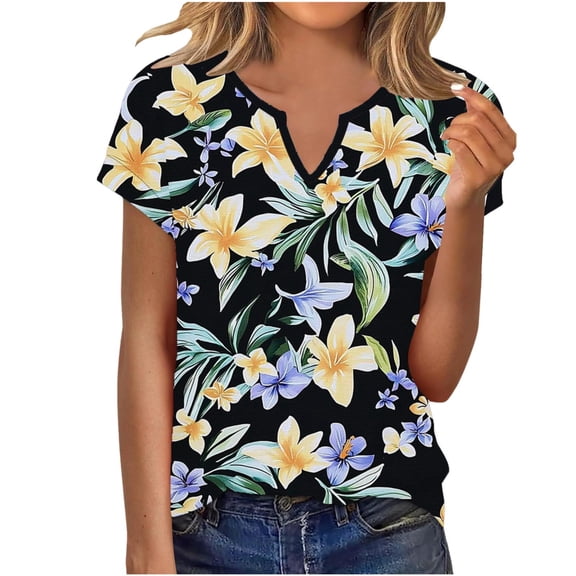 YUGYXL Womens Shirts Tie Dye Print V Neck T-Shirts Trendy Flowy Soft Tee Summer Casual Short Sleeve Tees Tops Yellow Top L