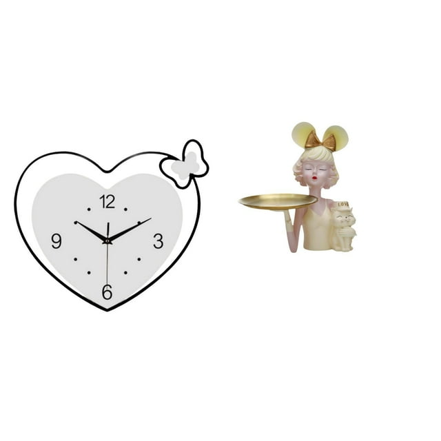 Reloj de pared en forma de corazón, acrílico, diseño creativo, movimiento silencioso, estatua de pared, bandeja para guardar llaves, figura de resina