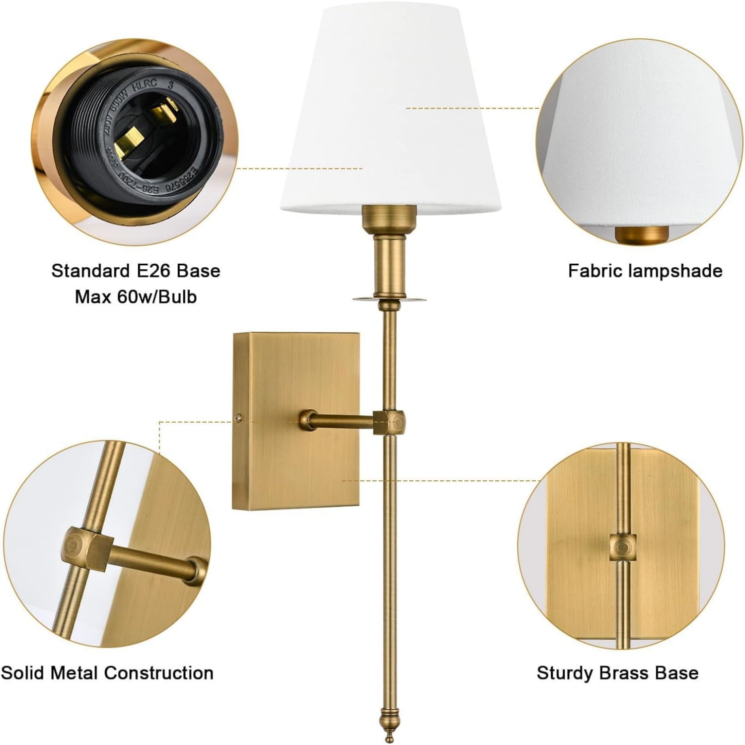 Slim Wall Sconces Set of 2 White Fabric Shade Hardwired Indoor Light Column Stand Bedroom Wall Lamp Bathroom Vanity Light Fixture, Antique Brass