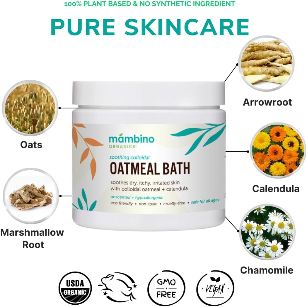 Organic Colloidal Oatmeal Bath Soak – 3-Pack Oatmeal Powder for Dry, Irritated, Itchy Skin Relief – Cruelty-Free, Vegan for Adults Bath, Kids Bath, Baby Bath by Mambino Organics