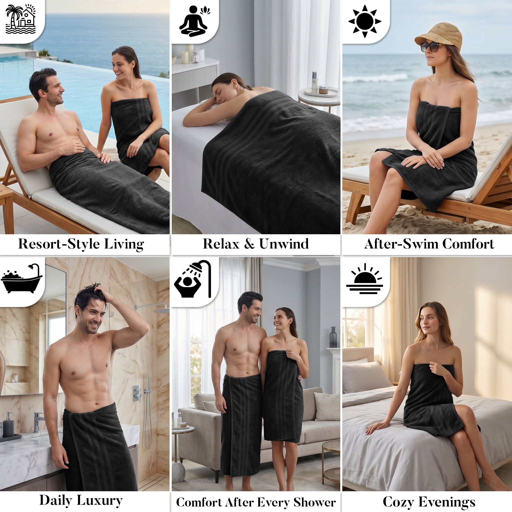 Dan River Bath Sheet 2 pack 35x70 in Quick Drying Oversized Soft Absorbent Cotton Towel - Black