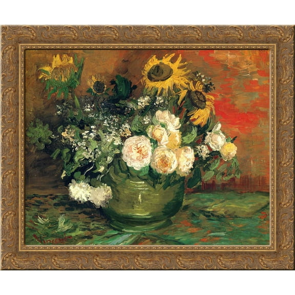 Still Life with Roses and Sunflowers 24x20 Gold Ornate Wood Framed Canvas Art by Vincent van Gogh