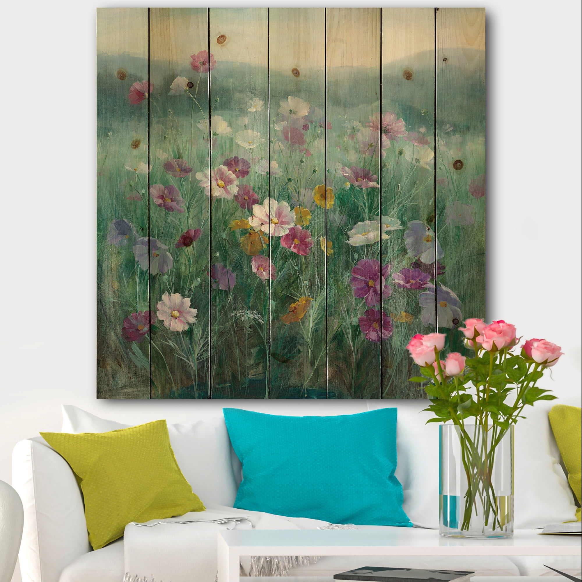 Designart 'Flower Field Meadow' Floral Farmhouse Print on Natural Pine Wood