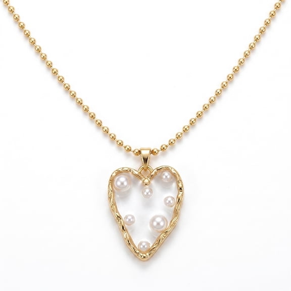 RUNDRAW Gold Plated Hammered Hollow Heart Pendant Necklace With Floating Pearls Inside Ball Chain Y2K Sweet Necklace For Women