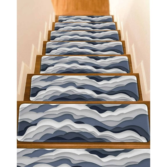 Navy Blue Ombre Stair Treads for Wooden Steps Indoor Runner Rug Carpet, Modern Geometric Moire Abstract Art 7 Pieces Peel and Stick Staircase Step Treads Covers Washable Throw Door Mats, 30"x8"