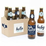 Big Dot of Happiness Hello Little One - Blue and Silver - Boy Baby Shower Decorations for Women and Men - 6 Beer Bottle Label Stickers and 1 Carrier