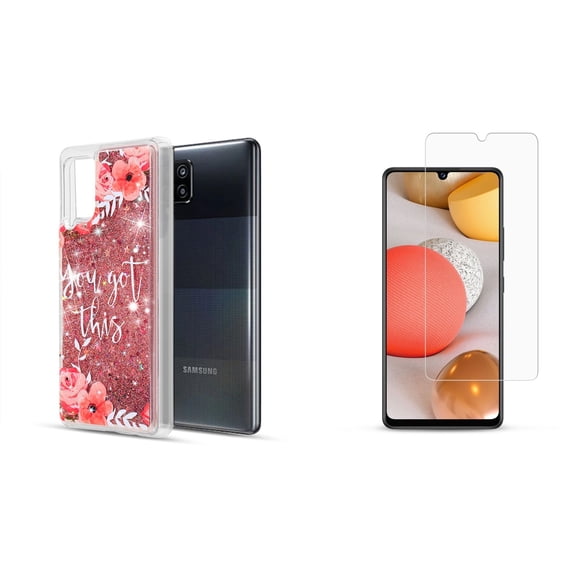 Bemz Waterfall Case for Samsung Galaxy A42 5G (Flowing Liquid Glitter Bling Protection Cover) with (2-Pack) of Glass Screen Protectors and Touch Tool - Pink Floral (You Got This)