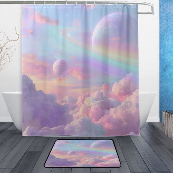 TTYFWHD 60" x 72" Shower Curtain and Bath Mat Set Whimsical Pastel Space Dreamscape Waterproof Bathroom Curtain with 12 Hooks, Bathroom Decor Set