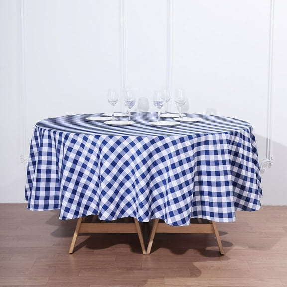Efavormart Perfect Picnic Inspired White/Navy Blue Checkered 90" Round Polyester Tablecloths For Party Event Decor