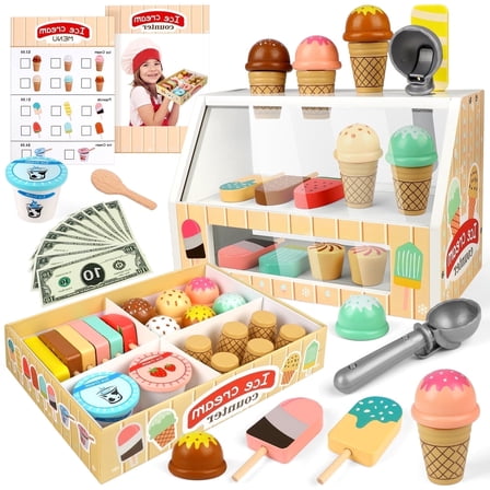 Freecat Wooden Ice Cream Set, Play Food Toys for Girl Ages 3 4 5 6 Years, Birthday Gift for Girls.