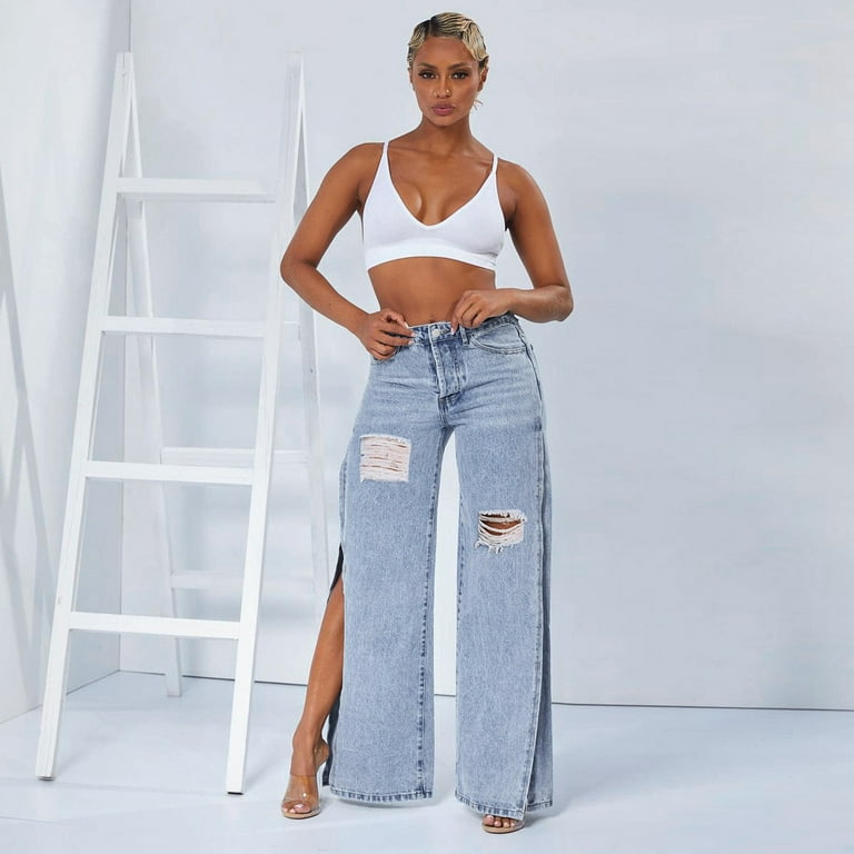 Women's Flare Bell Bottom Jeans Destroyed Ripped Flare Denim Pants 70S  Outfits For Women Pantalon Chic Jeans Elastique Femme