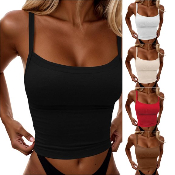 Rhuody Tank Tops Women Spaghetti Strap Round Neck Slim Fit Cropped Camisole Stretchy Sleeveless Summer T Shirt Basic Clothing 3Xl Coffee