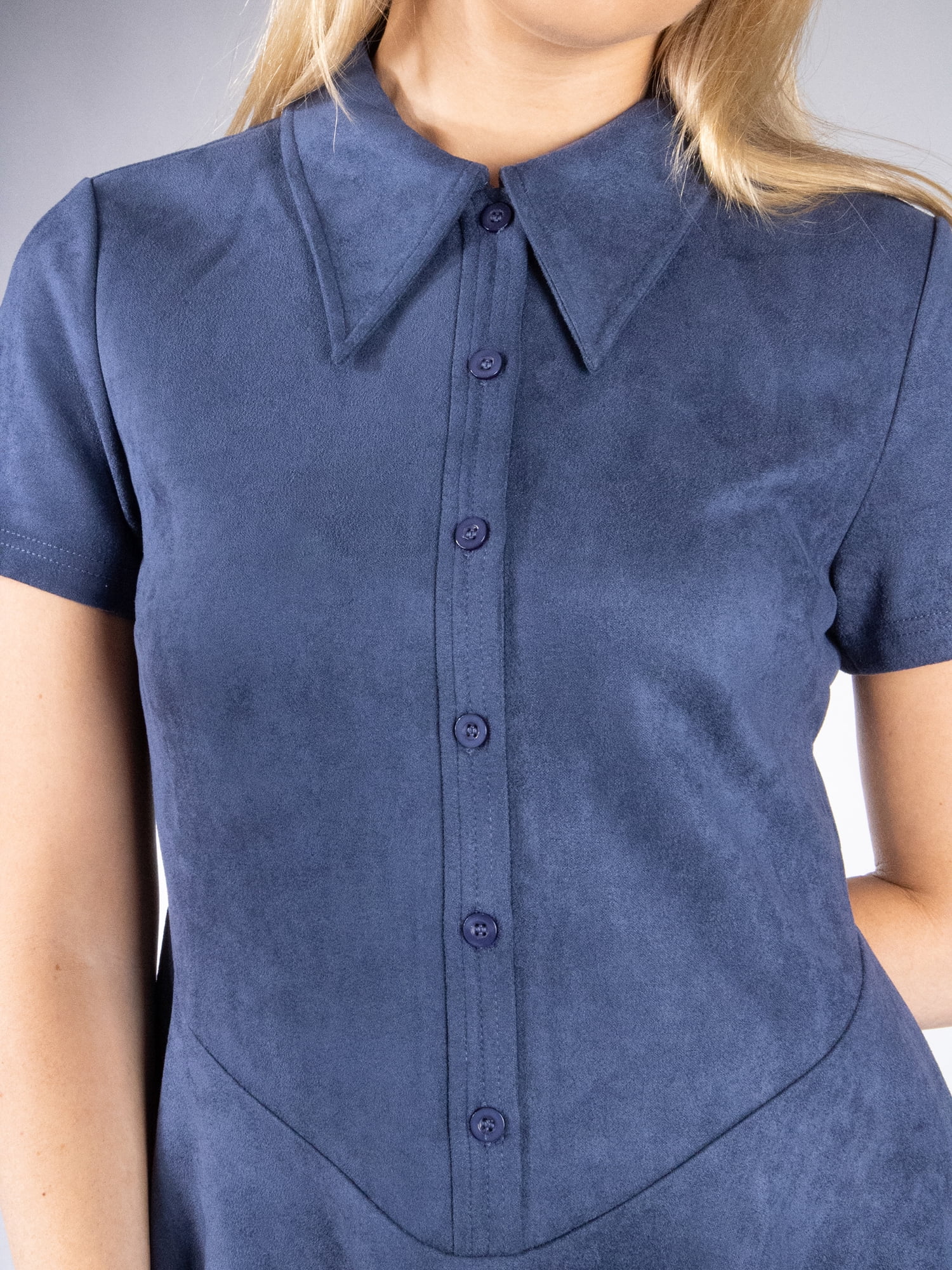 DARING DIVA Women's Stylish Pointed Collar Short Sleeve Button Down Dress L Dark Blue