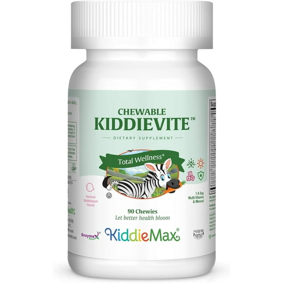 Maxi Health Chewable KiddieVite - One-a-Day Kids Multivitamin with 10 mg Iron, Zinc, Magnesium - Immune Support - Vitamins A, C, D3, E, B6, B12 - Bubble Gum Flavor - Kosher - 90 Chewies