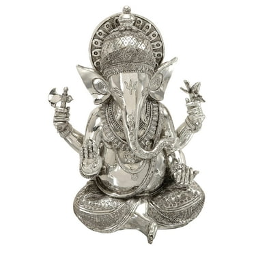 Deco 79 Polystone Ganesh Decorative Sculpture Meditating Home Decor Statue with Engraved Carvings and Relief Detailing, Accent Figurine 12" x 8" x 16", Silver C2