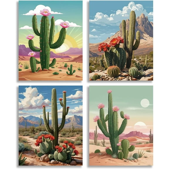 Cactus Desert Landscape Canvas Wall Art Prints - Boho Mid Century Modern Wall Art for Living Room Bedroom Decor, Cactus Art Posters and Prints - Set of 4 Unframed 8x10 Inches