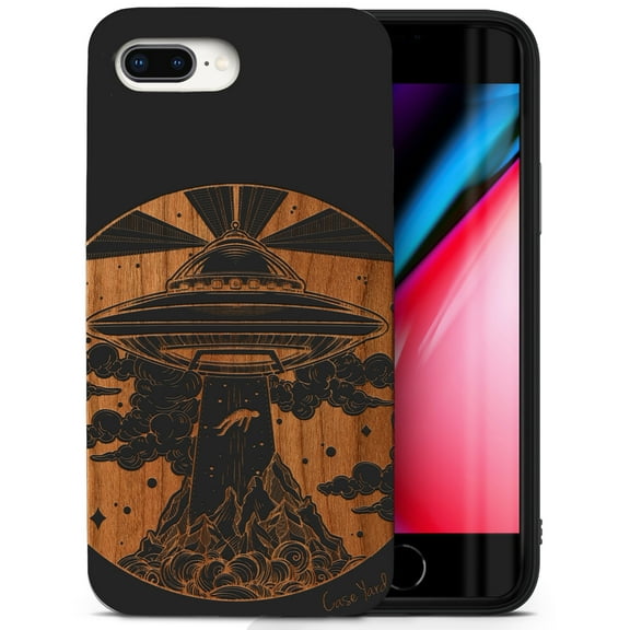 Case Yard Wooden Case for iPhone-8-Plus Soft TPU Silicone cover Slim Fit Shockproof Wood Protective Phone Cover for Girls Boys Men and Women Supports Wireless Charging Alien Spaceship Design