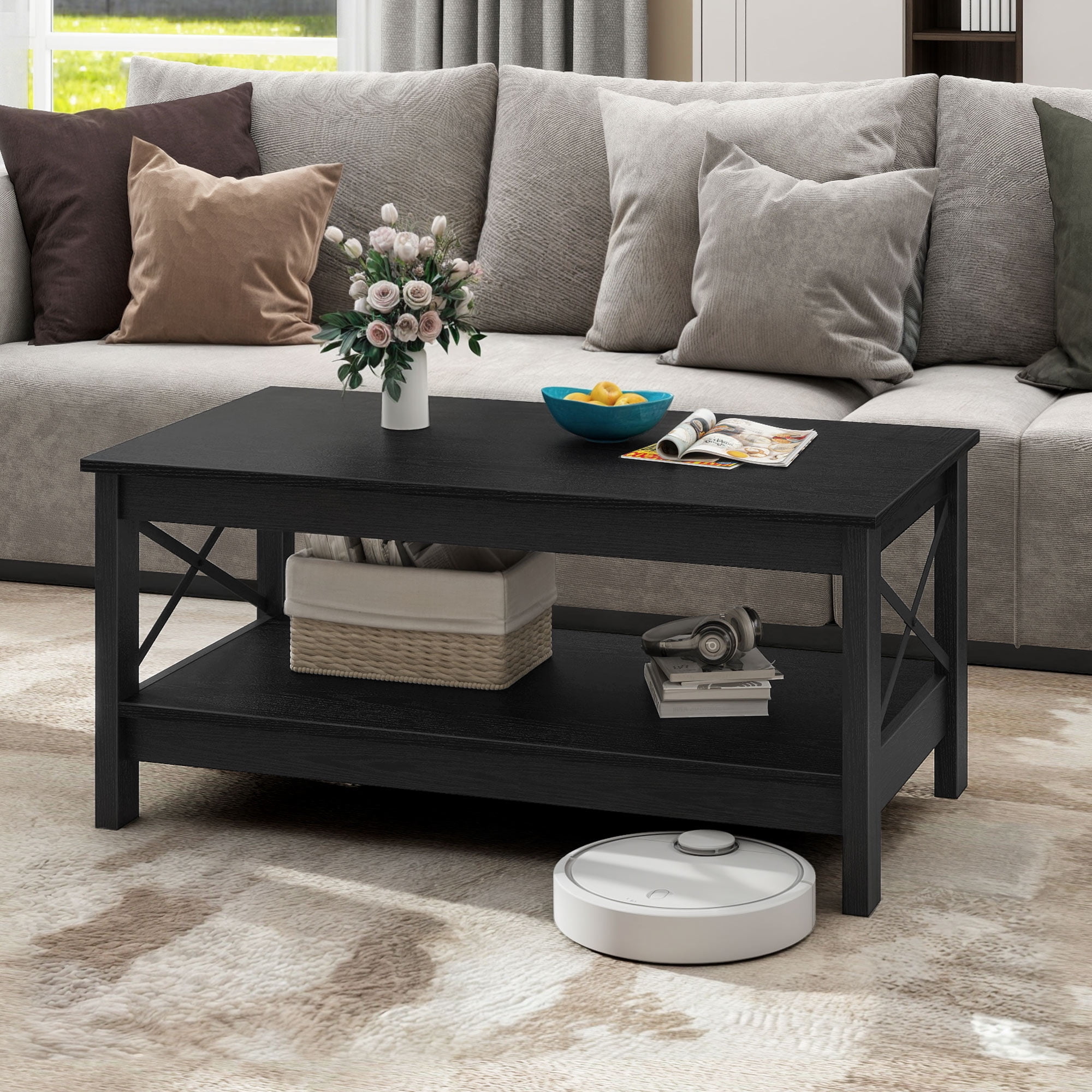 Dextrus Farmhouse Modern Coffee Table with Open Storage Shelf, Black