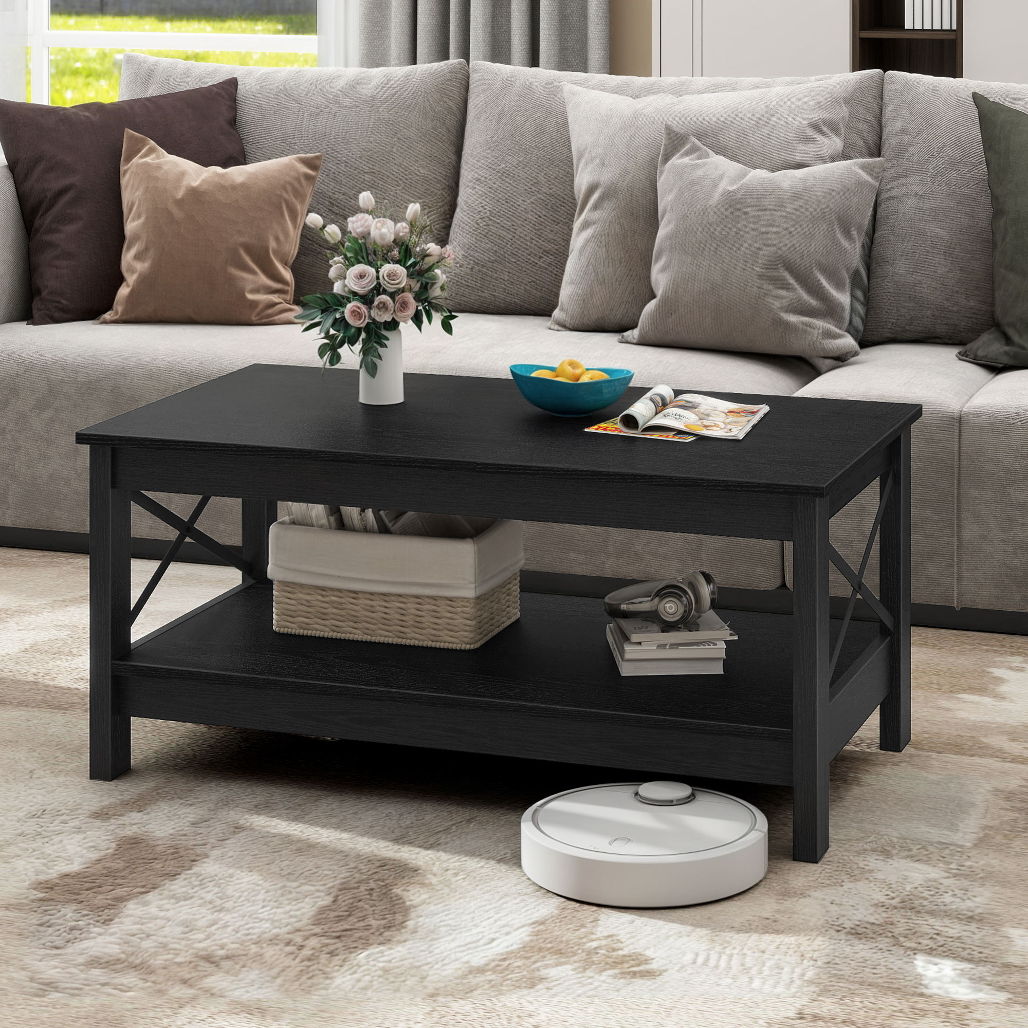 Dextrus Farmhouse Modern Coffee Table with Storage, Black photo 2