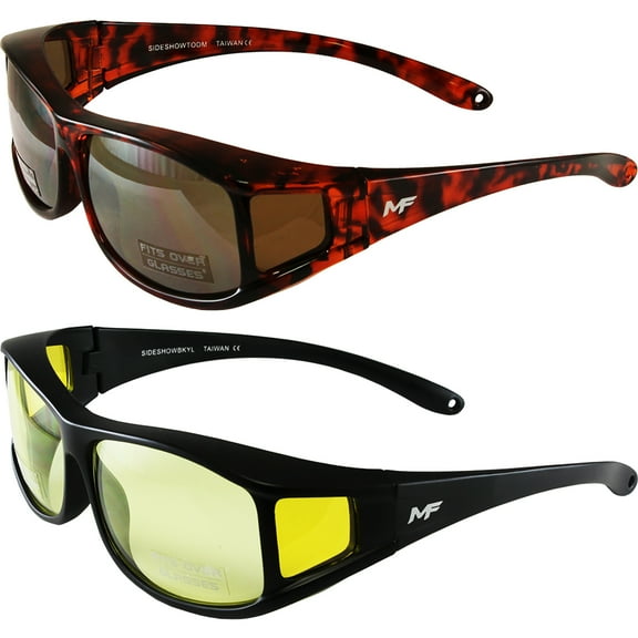 2 Pairs MotoFrames Sideshow Motorcycle Sunglasses (Tortoise Frames/Driving Mirror Lens, Black Frames/Yellow Lens)