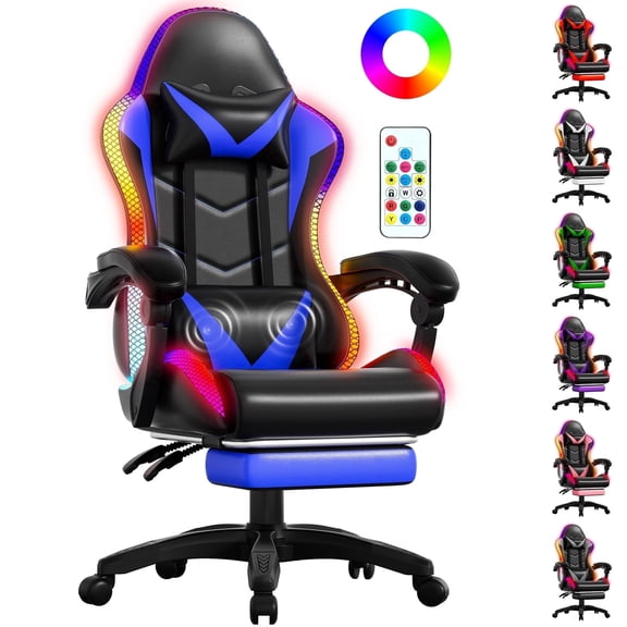 Czlolo Gaming Chair, Racing Style RGB LED Lights Gaming Chairs for Adults and Kids, Lumbar Massager Gamer Chair, High Back Reclining Computer Chair with Footrest and Headrest (Black/Blue)