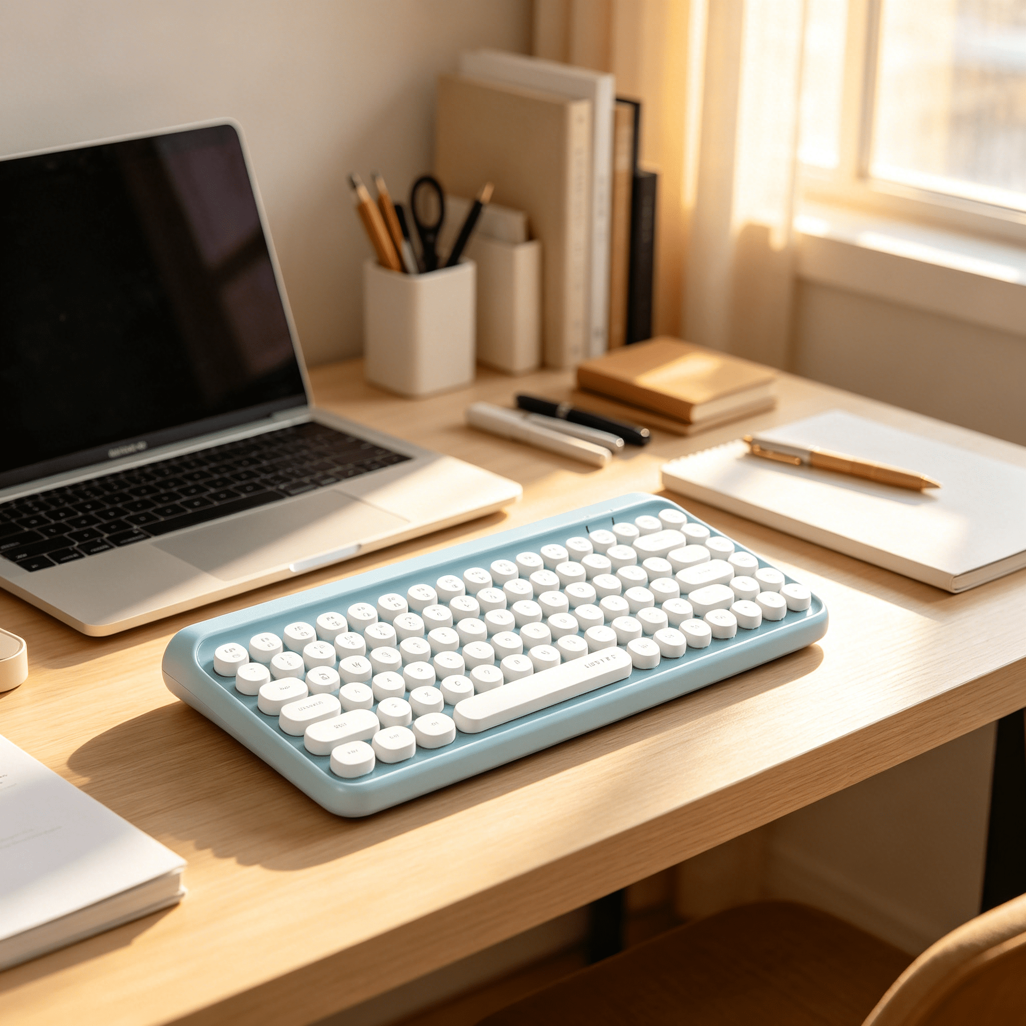 GJX 2026 New Portable Bluetooth Colorful Computer Keyboards,Wireless Mini Compact Retro Typewriter Flexible 84Keys Design Keyboard for Office,Travel,Home(Blue-White)