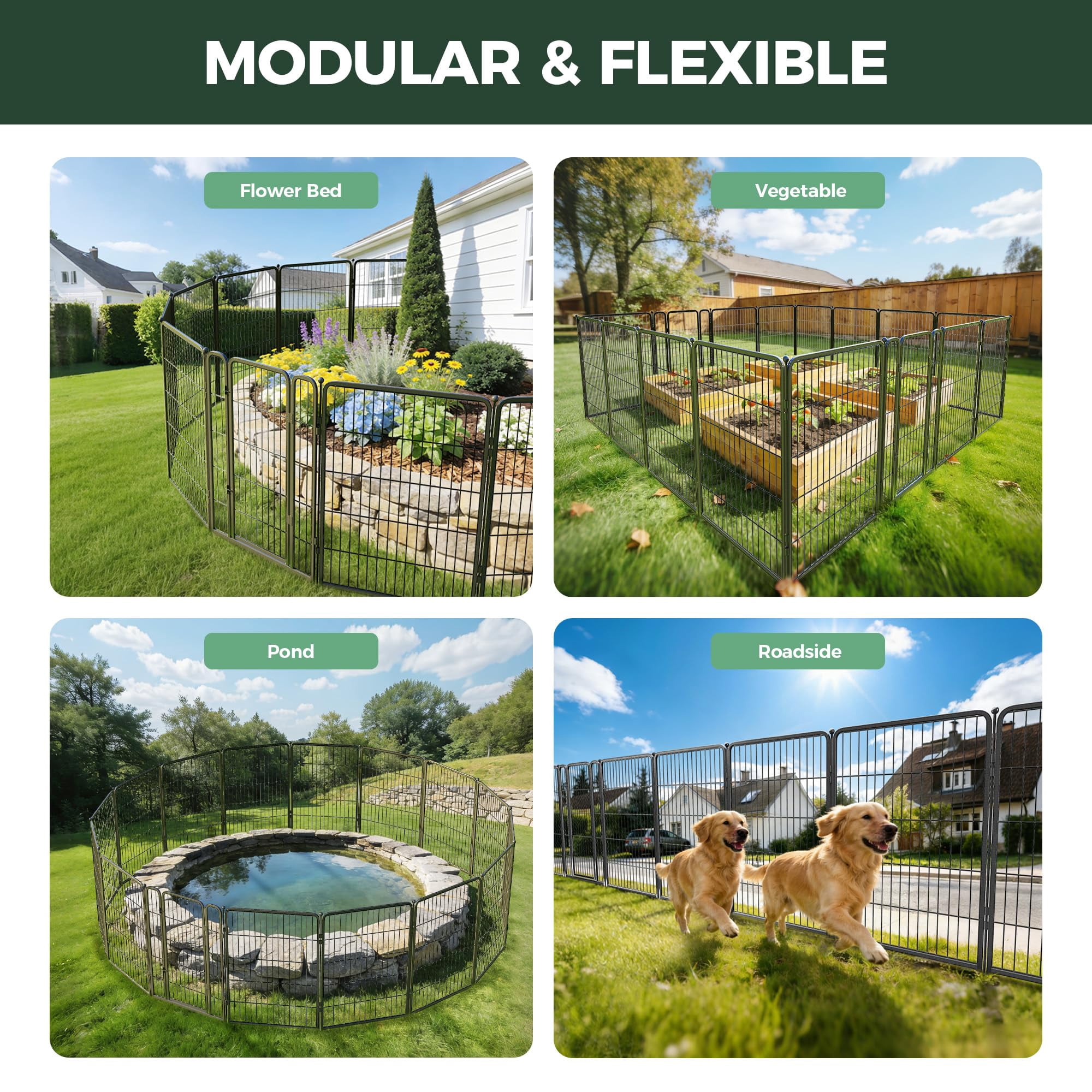 FXW Garden Fence Outdoor for the Yard – 40in(H) x 18.2ft(L) Heavy Duty Metal Animal Barrier for Dog, No Dig Decorative Dog Fence, 8 Panels, Silver