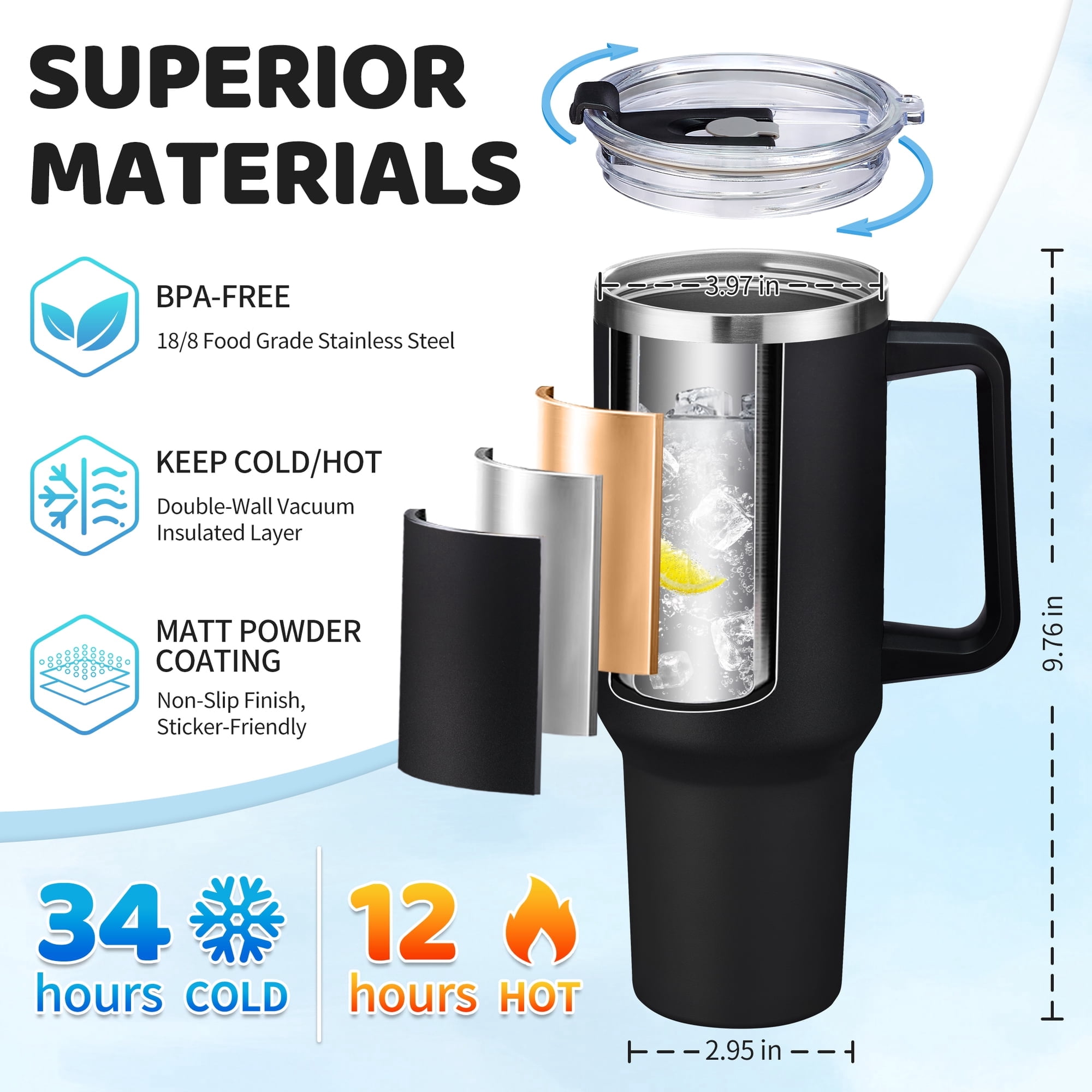 Tumbler with Handle & Straw 40oz - Insulated Water Bottle Stainless Steel Travel Coffee Mug 40 oz,100% Leak-proof Dustproof for Car Cup Holders (Black)