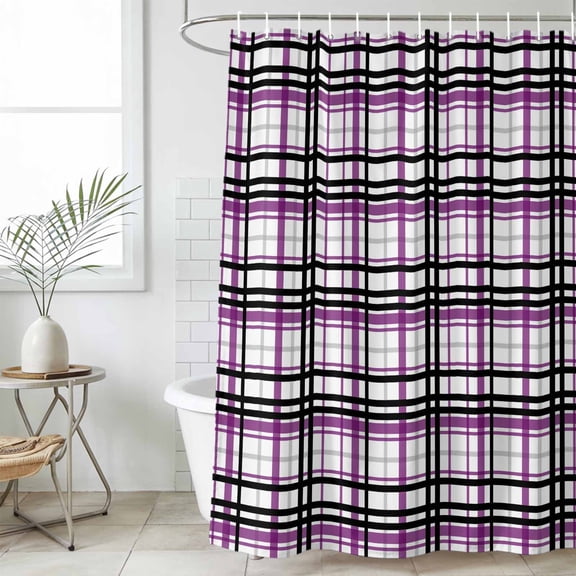 Purple Black Plaid Waterproof Fabric Shower Curtain,Farmhouse Purple Black Checkered Waterproof Fabric Shower Curtain for Bathroom Curtains Bathtubs Hotel Shower Curtains with 12 Hooks Small 36x72in