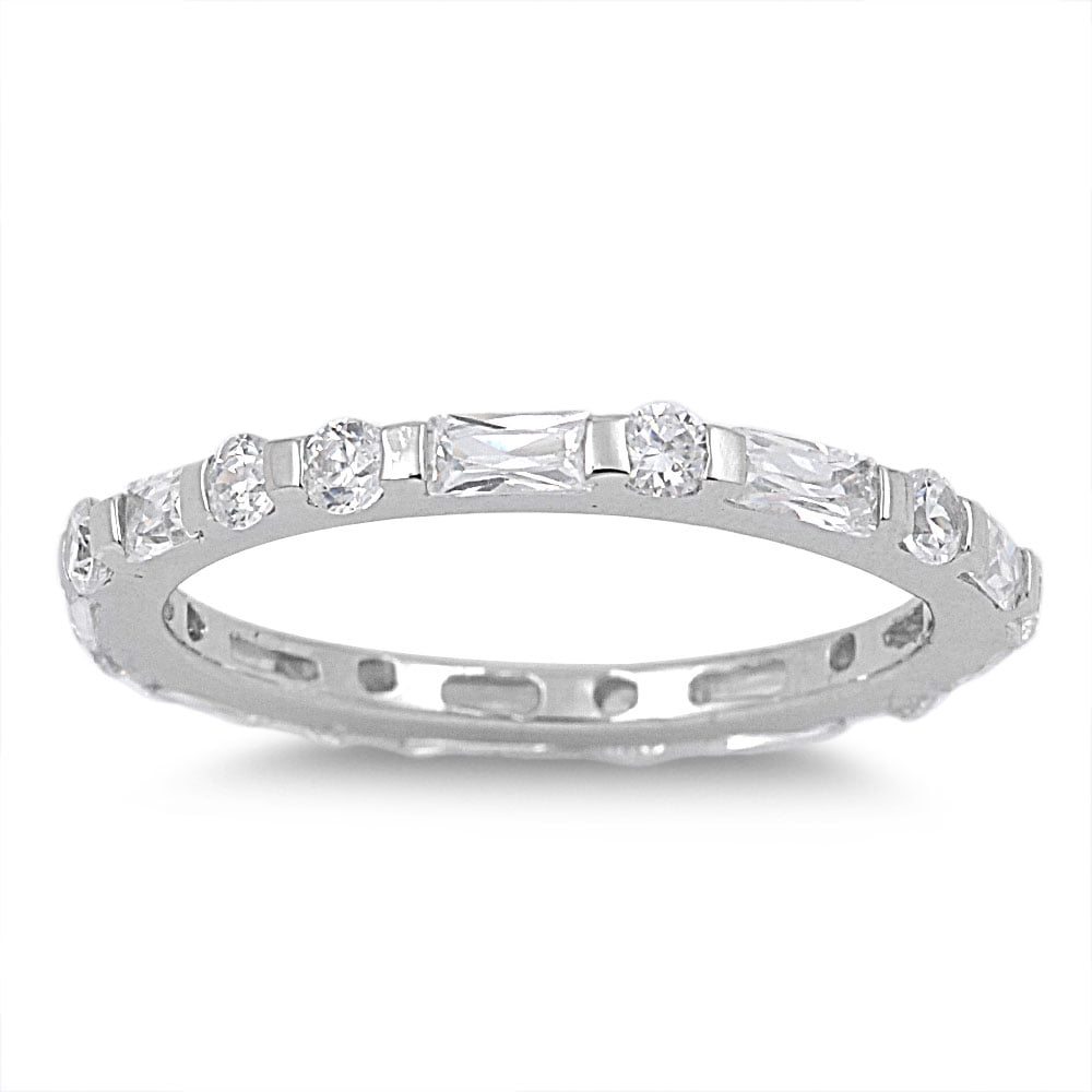 Alternate Round and Baguette Eternity Cubic Zirconia Ring Sterling