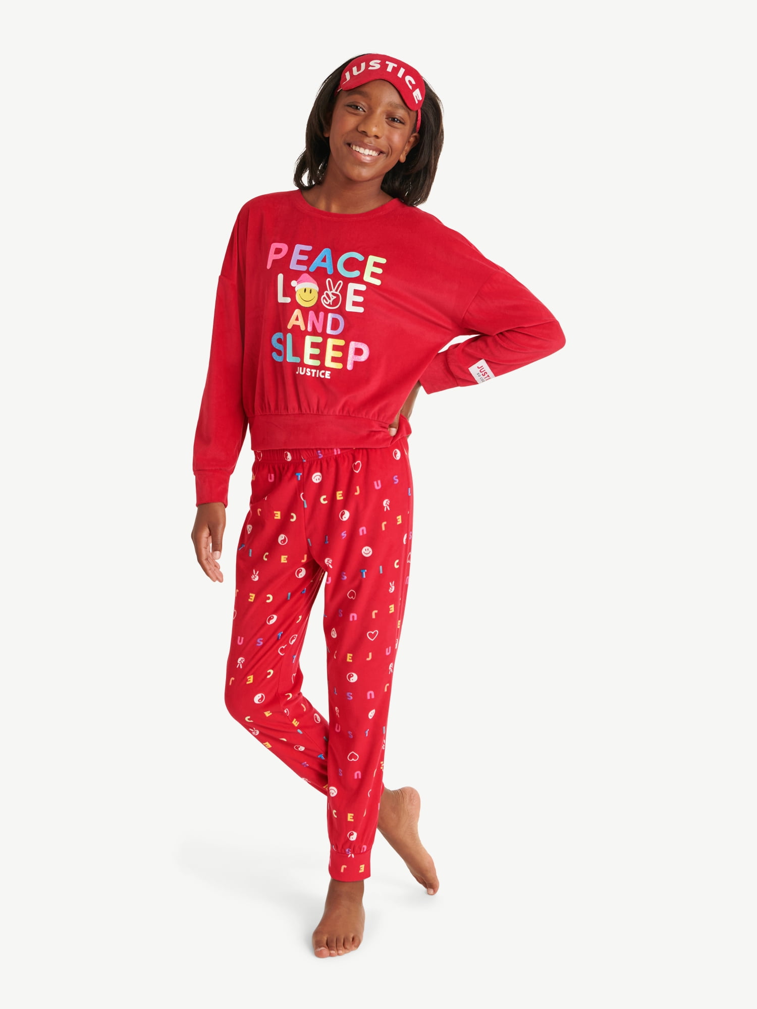 Justice Girls Holiday Long Sleeve Top and Jogger Set with Eyemask, 2-piece Pajama Set, Sizes 5-18