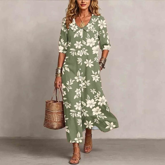 Ayolanni Plus Size Dresses for Women V Neck 3/4 Sleeve A-Line Maxi Dresses Floral Babydoll Beach Flowy Long Dress Green L