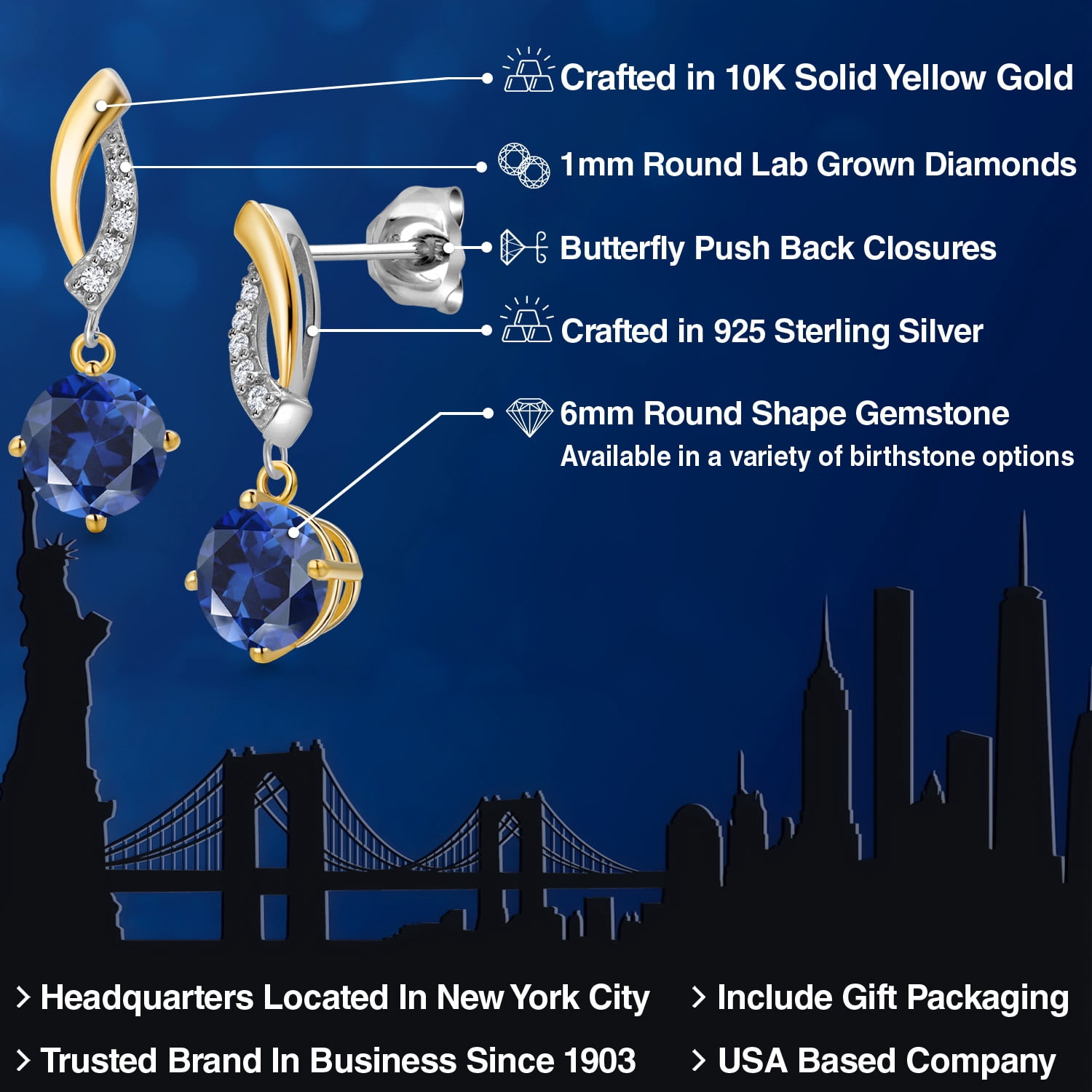 Gem Stone King 925 Silver and 10K Yellow Gold Blue Created Sapphire and White Lab Grown Diamond Dangle Earrings for Women | 2.05 Cttw | Gemstone September Birthstone | Round 6MM