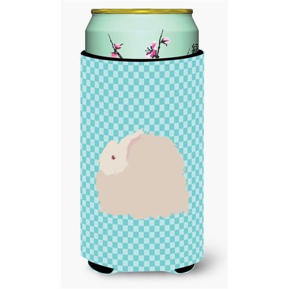 Fluffy Angora Rabbit Blue Check Tall Boy Beverage Insulator Hugger